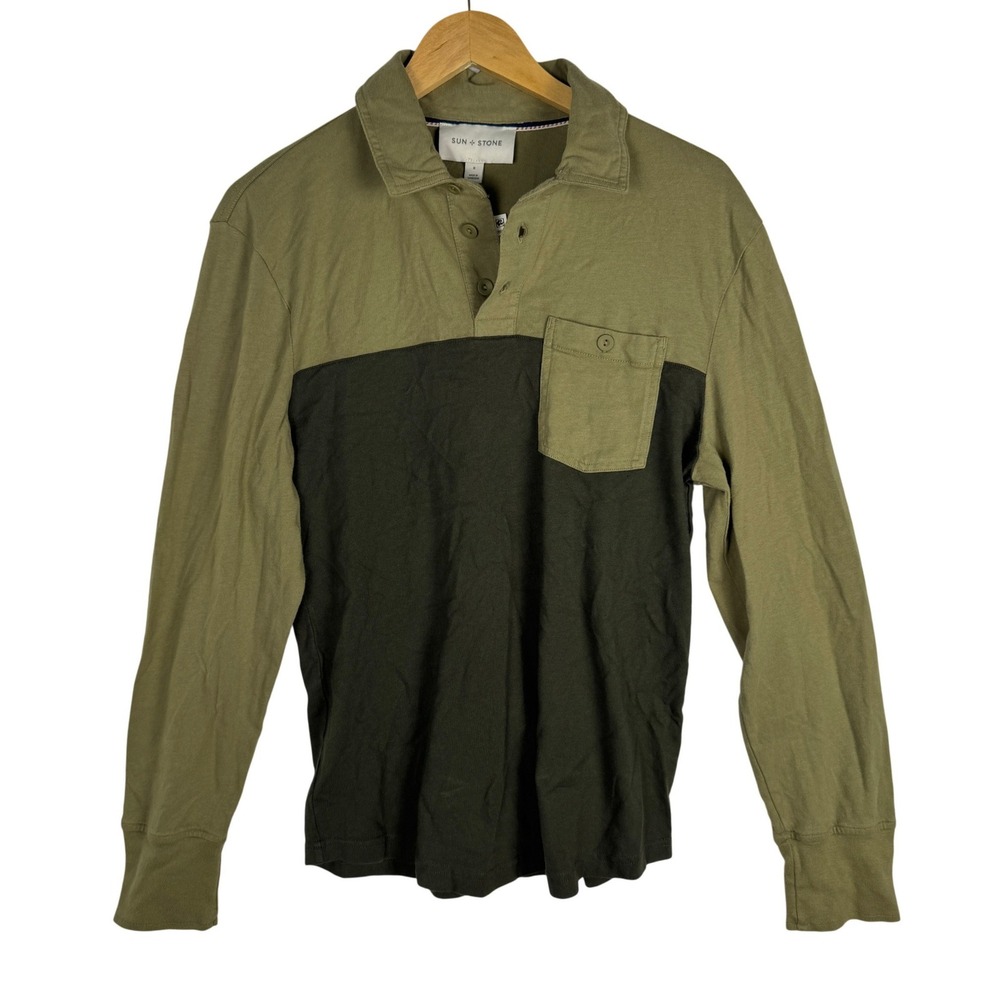 Sun + Stone Mens Textured Terrain Long Sleeve Polo‎ Shirt Hazy Sage Green Small